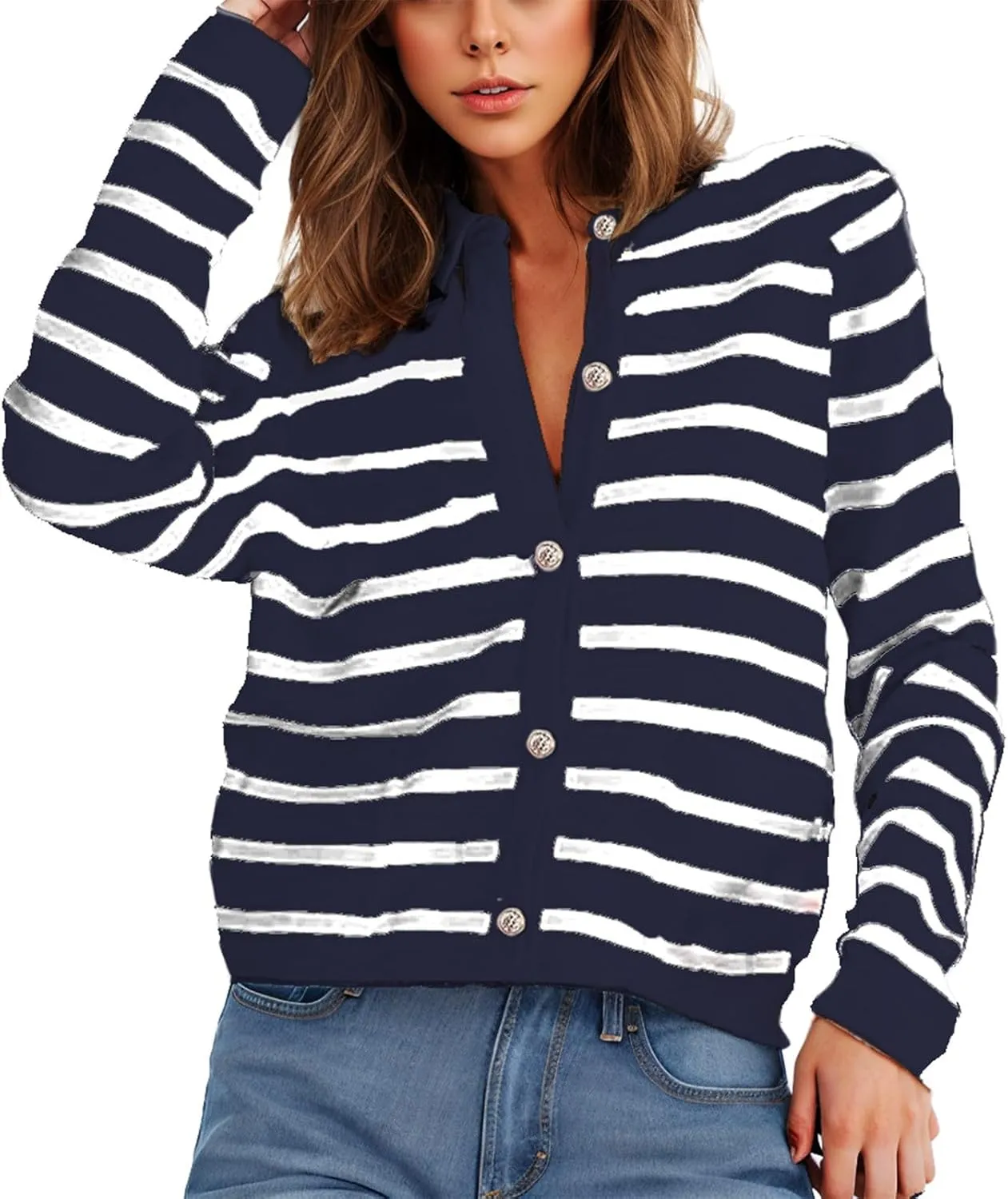 Women Striped Cardigan Sweaters Button Down Open Front Cropped Cardigan Knit Lady Jackets Coat 2024 Fall Outfits