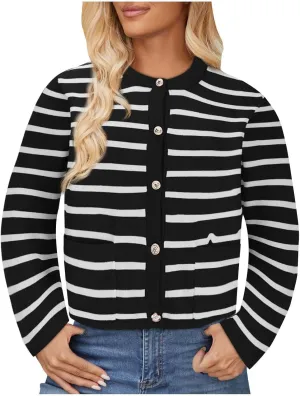Women Striped Cardigan Sweaters Button Down Open Front Cropped Cardigan Knit Lady Jackets Coat 2024 Fall Outfits