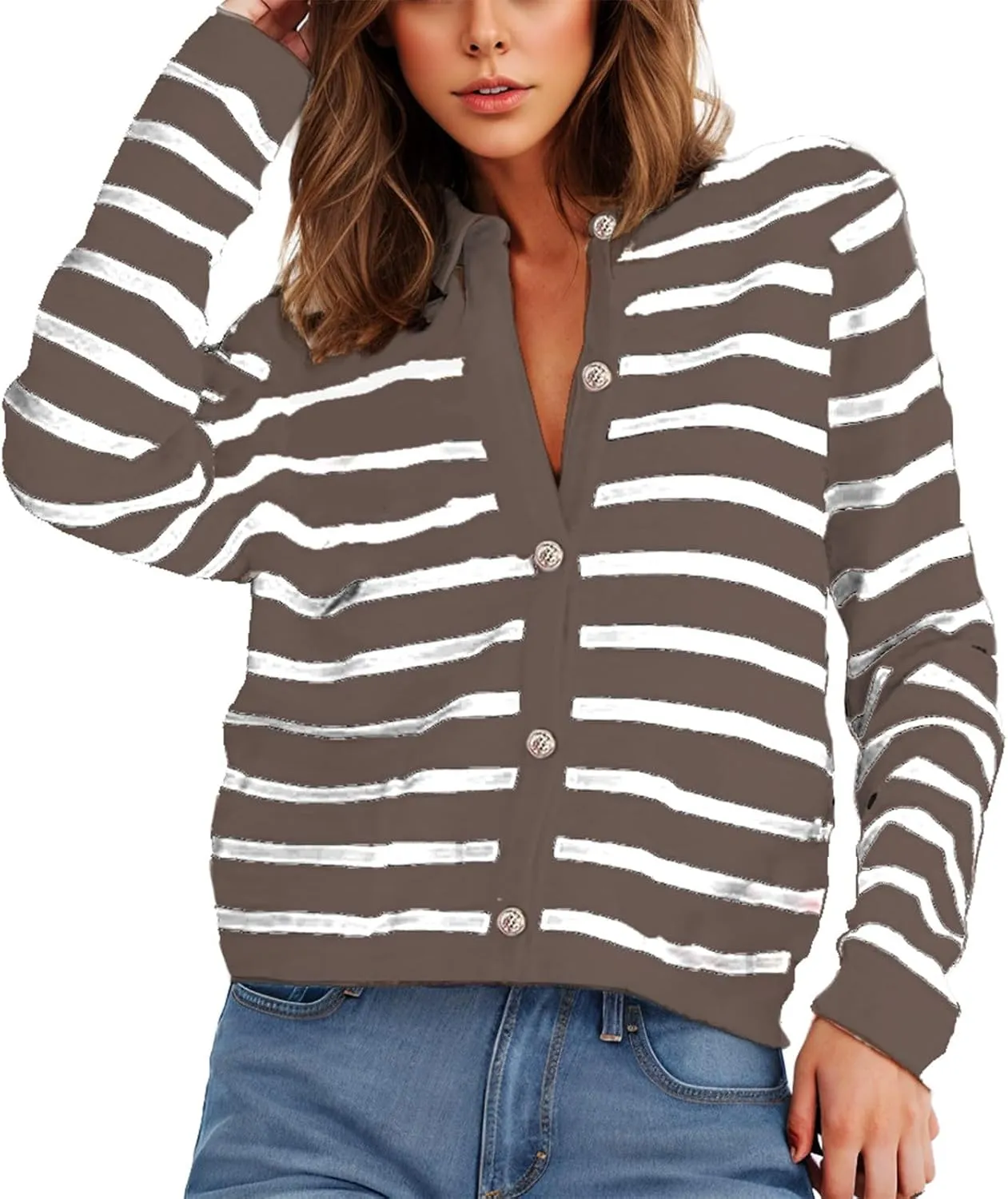 Women Striped Cardigan Sweaters Button Down Open Front Cropped Cardigan Knit Lady Jackets Coat 2024 Fall Outfits