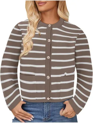 Women Striped Cardigan Sweaters Button Down Open Front Cropped Cardigan Knit Lady Jackets Coat 2024 Fall Outfits