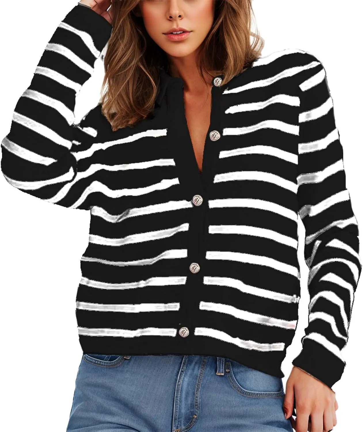 Women Striped Cardigan Sweaters Button Down Open Front Cropped Cardigan Knit Lady Jackets Coat 2024 Fall Outfits