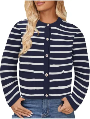 Women Striped Cardigan Sweaters Button Down Open Front Cropped Cardigan Knit Lady Jackets Coat 2024 Fall Outfits