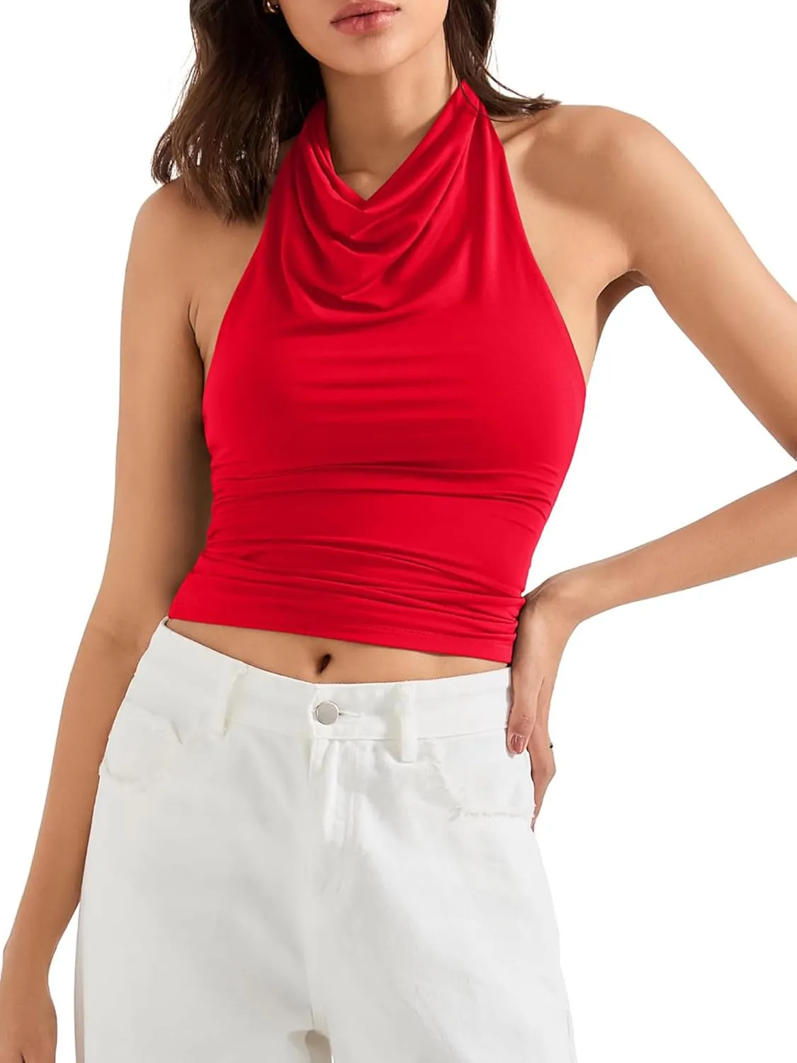 Women Y2K Halter Cowl Neck Tank Tops Sexy Summer Open Back Backless Slim Going Out Cami Crop Tops Streetwear