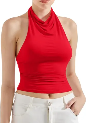 Women Y2K Halter Cowl Neck Tank Tops Sexy Summer Open Back Backless Slim Going Out Cami Crop Tops Streetwear