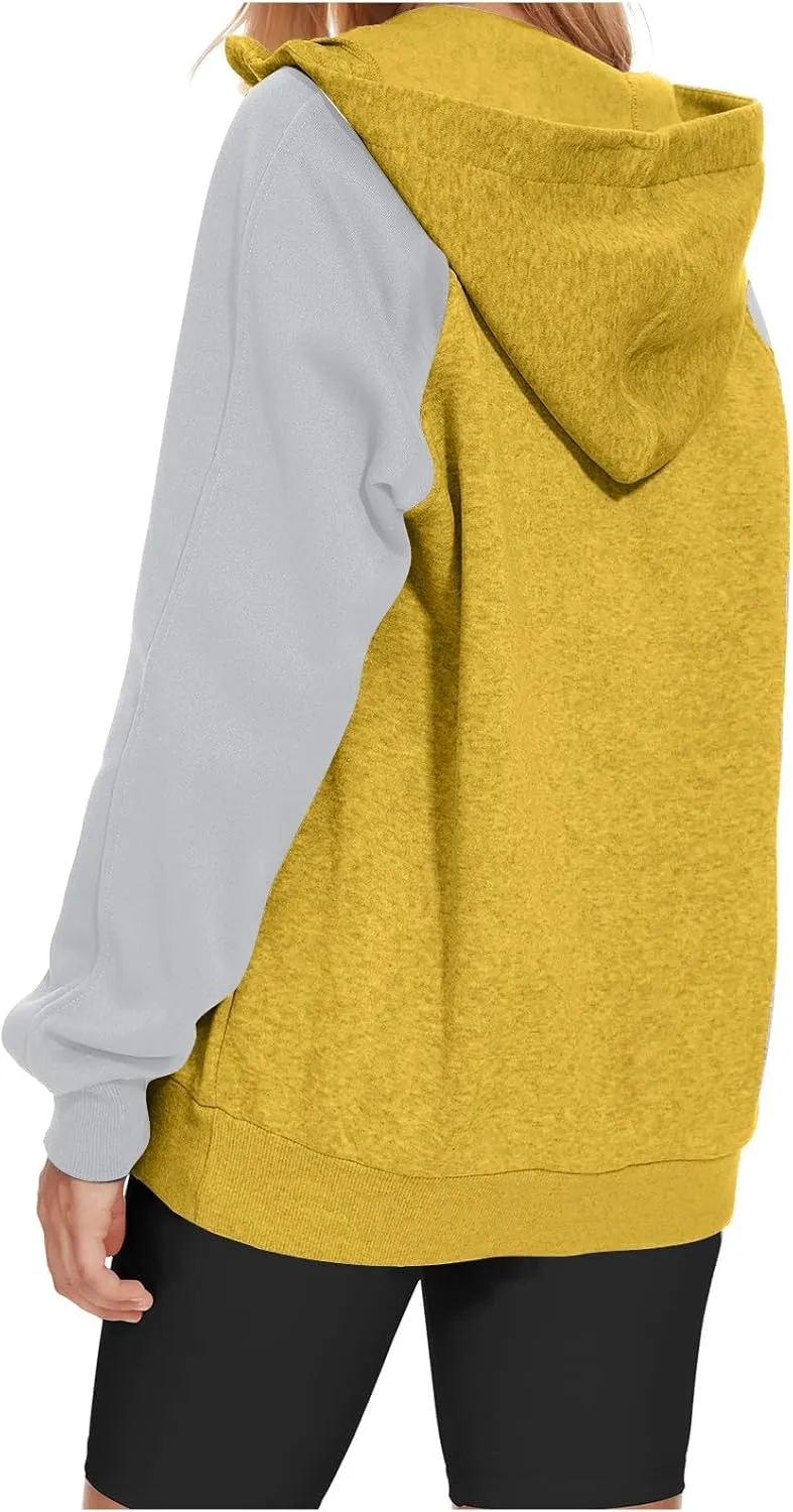Womens 1/4 Zipper Hoodies Sweatshirts Long Sleeve Color Block Hooded Tops Casual Comfy Sweatshirt with Pocket