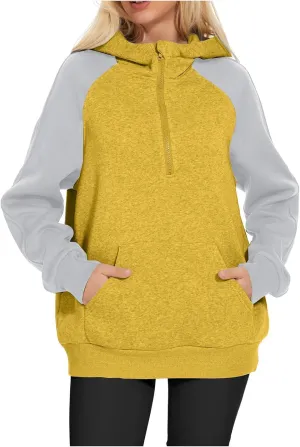 Womens 1/4 Zipper Hoodies Sweatshirts Long Sleeve Color Block Hooded Tops Casual Comfy Sweatshirt with Pocket