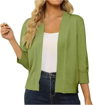 Women's 3/4 Sleeve Cropped Cardigan Sweater Open Front Solid Knitted Short Shrugs Cardigans Lightweight Sweaters
