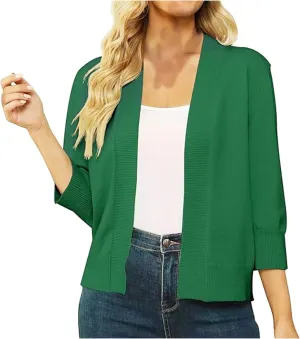 Women's 3/4 Sleeve Cropped Cardigan Sweater Open Front Solid Knitted Short Shrugs Cardigans Lightweight Sweaters