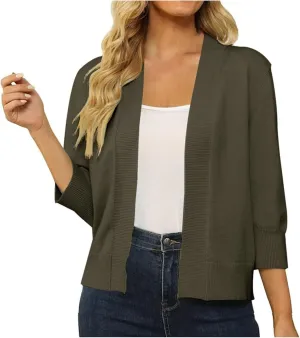 Women's 3/4 Sleeve Cropped Cardigan Sweater Open Front Solid Knitted Short Shrugs Cardigans Lightweight Sweaters