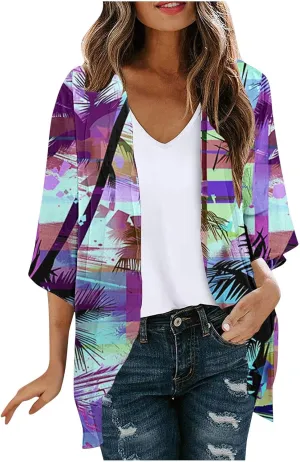 Women's Beach Bathing Suit Cover Up Floral Print Kimono Cardigan Summer Casual Loose Tops 2025 Comfy Vacation Clothes