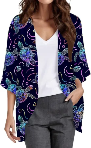 Womens Beach Kimono Cardigans Sea Theme Print Cover Ups Summer Casual Vacation Open Front Tops Lightweight Outfits