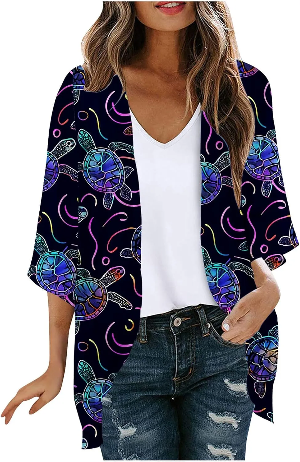 Womens Beach Kimono Cardigans Sea Theme Print Cover Ups Summer Casual Vacation Open Front Tops Lightweight Outfits