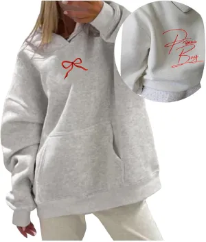 Womens Bow Hoodies Oversized Sweatshirts Fleece Long Sleeve Comfy Casual Lightweight Tunic Basic Pullover Tops with Pockets