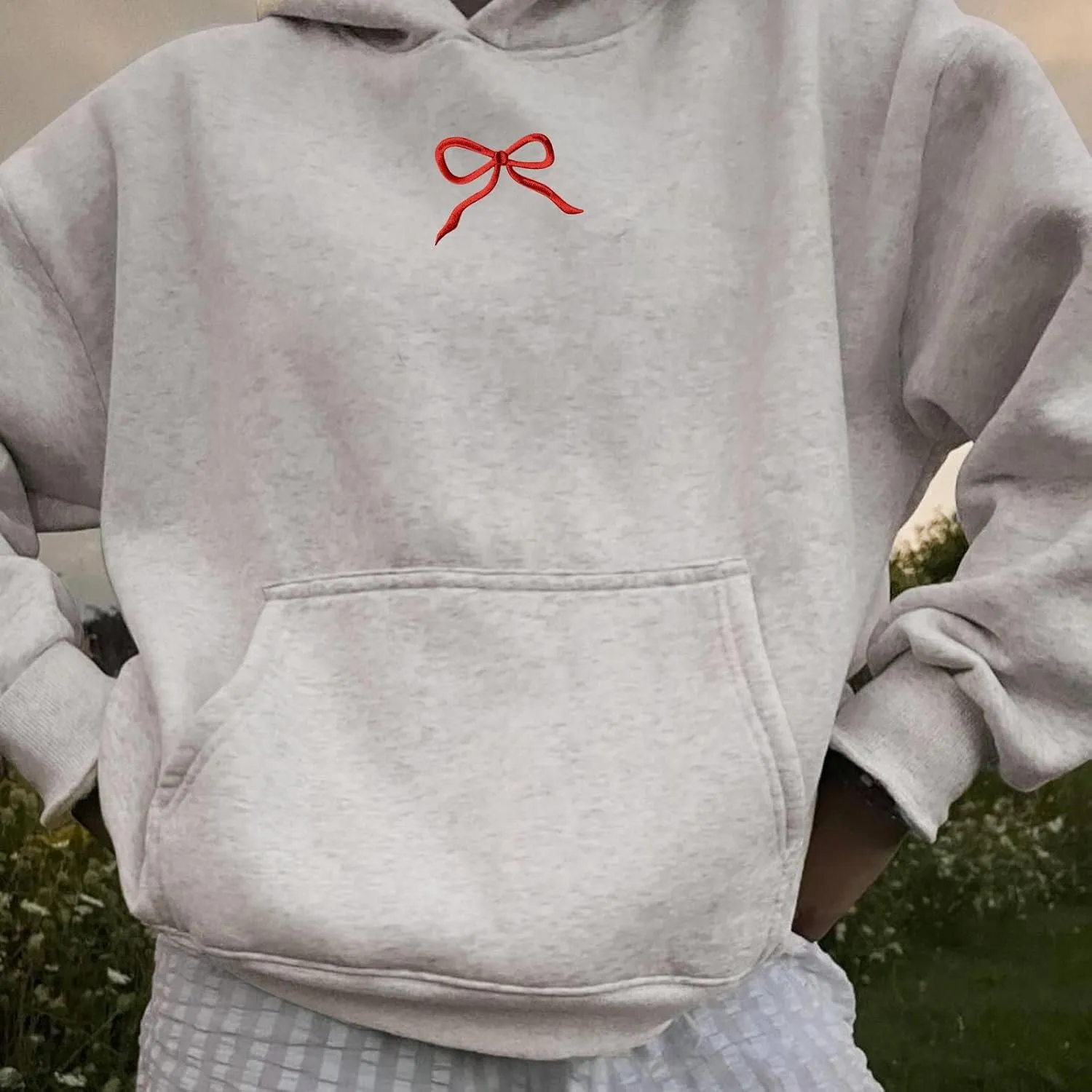 Womens Bow Hoodies Oversized Sweatshirts Fleece Long Sleeve Comfy Casual Lightweight Tunic Basic Pullover Tops with Pockets
