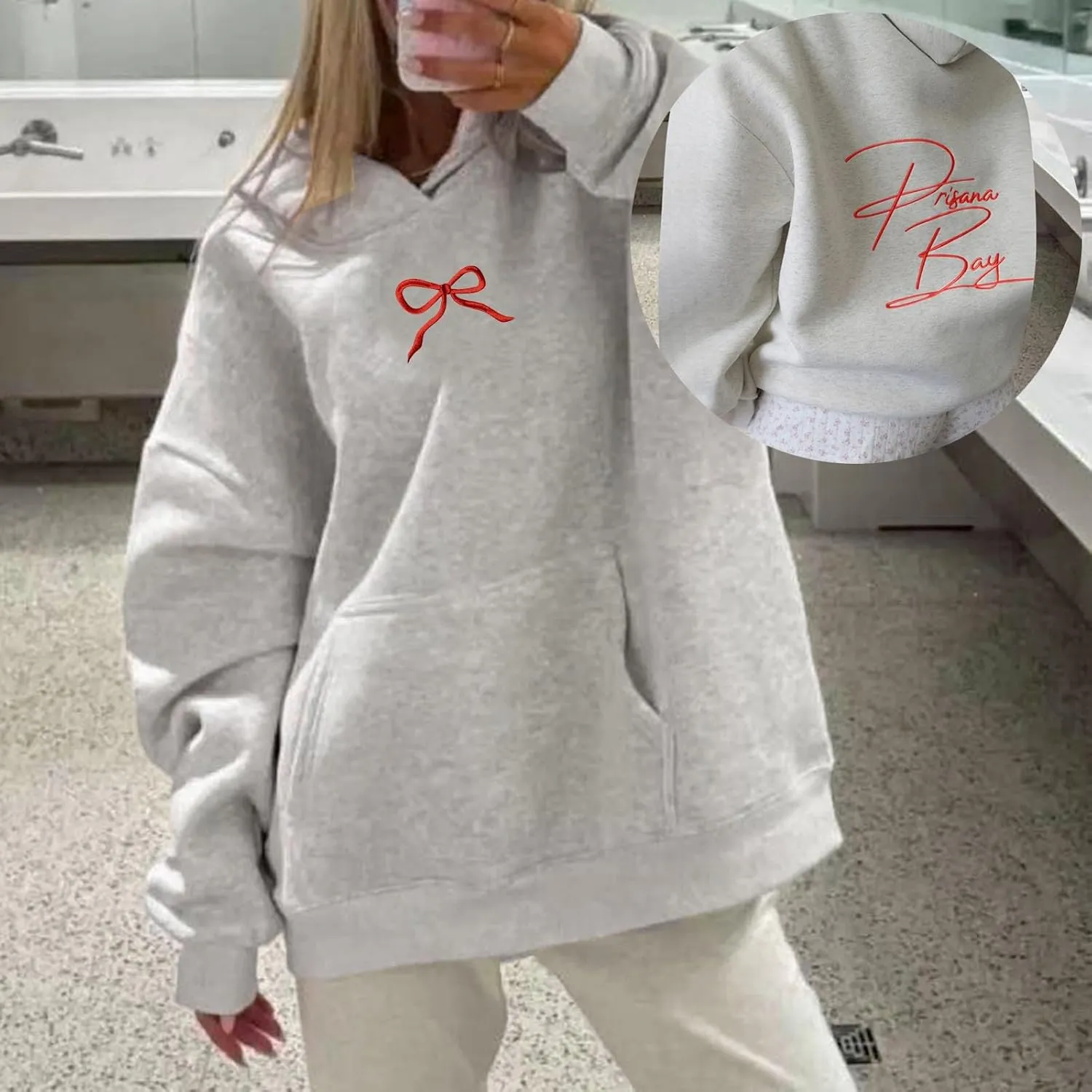 Womens Bow Hoodies Oversized Sweatshirts Fleece Long Sleeve Comfy Casual Lightweight Tunic Basic Pullover Tops with Pockets
