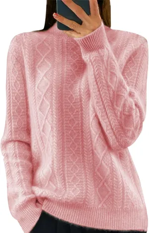 Women's Cable Knit Long Sleeve V Neck Turtleneck Sweaters Vintage Chunky Argyle Sweater Pullover Top for Fall Winter