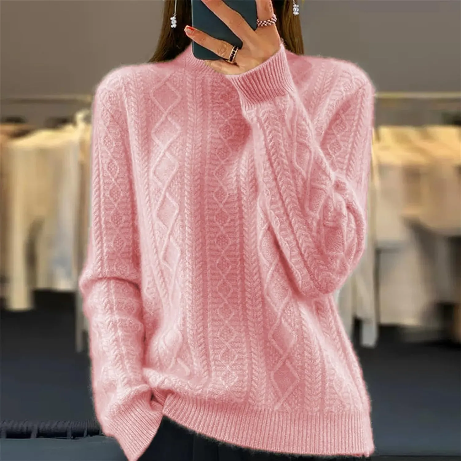 Women's Cable Knit Long Sleeve V Neck Turtleneck Sweaters Vintage Chunky Argyle Sweater Pullover Top for Fall Winter