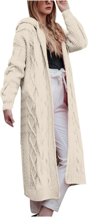 Women's Cable Knit Sweater Cardigan 2023 Fashion Long Sleeve Hooded Coats Open Front Long Cardigans Outwear