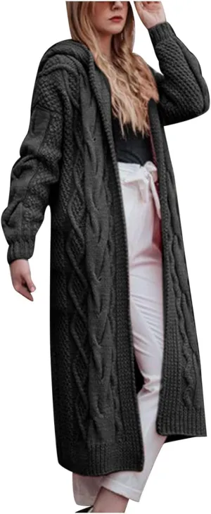 Women's Cable Knit Sweater Cardigan 2023 Fashion Long Sleeve Hooded Coats Open Front Long Cardigans Outwear