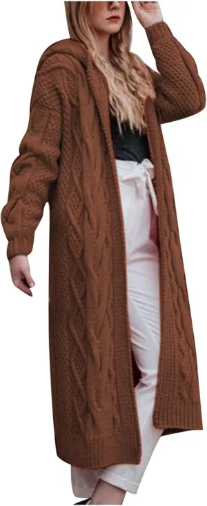 Women's Cable Knit Sweater Cardigan 2023 Fashion Long Sleeve Hooded Coats Open Front Long Cardigans Outwear