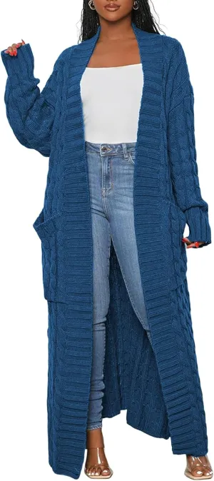 Women's Cable Knit Sweaters Cardigans Long Sleeve Warm Open Front Casual Loose Winter Chunky Coats Outwear with Pockets