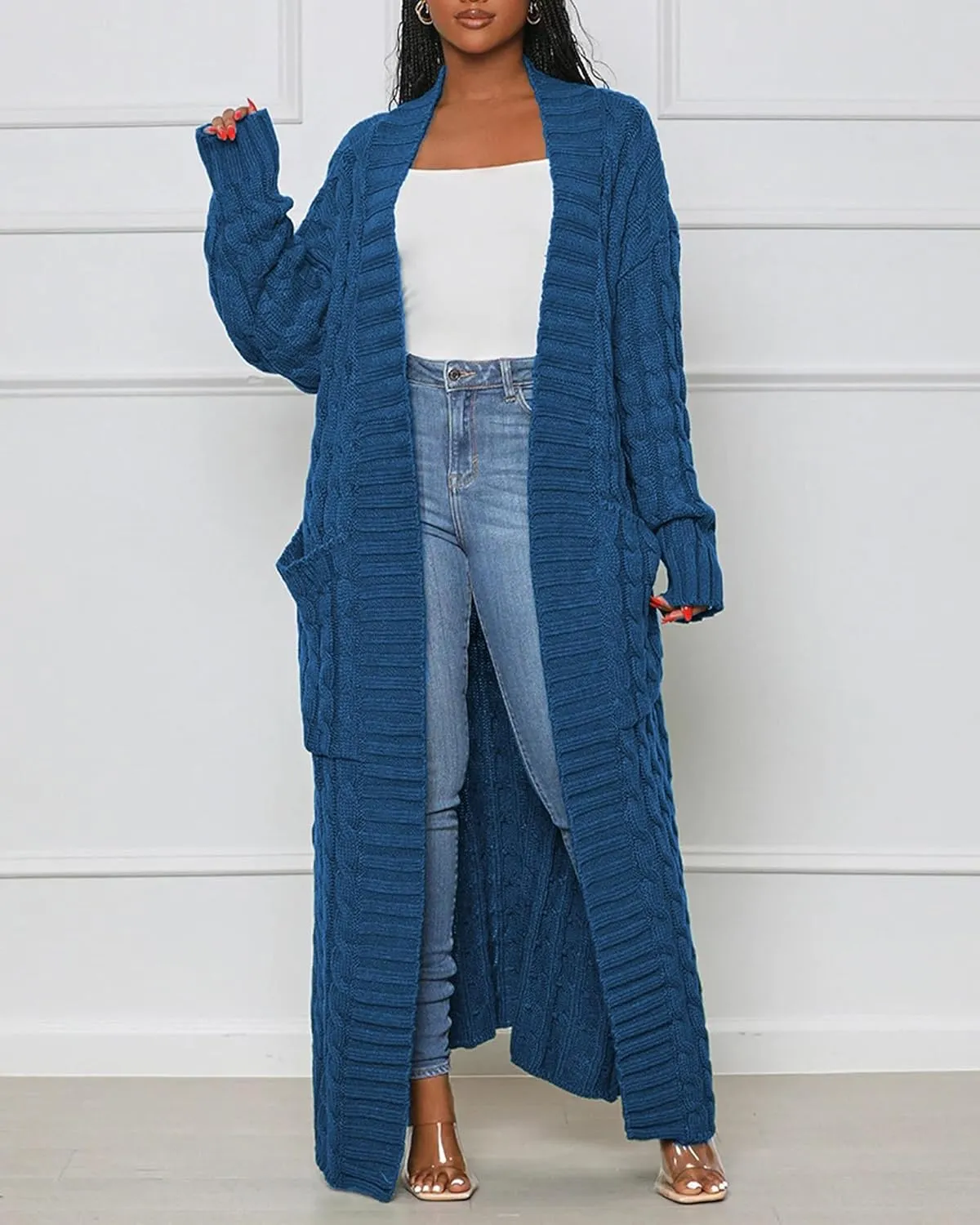 Women's Cable Knit Sweaters Cardigans Long Sleeve Warm Open Front Casual Loose Winter Chunky Coats Outwear with Pockets
