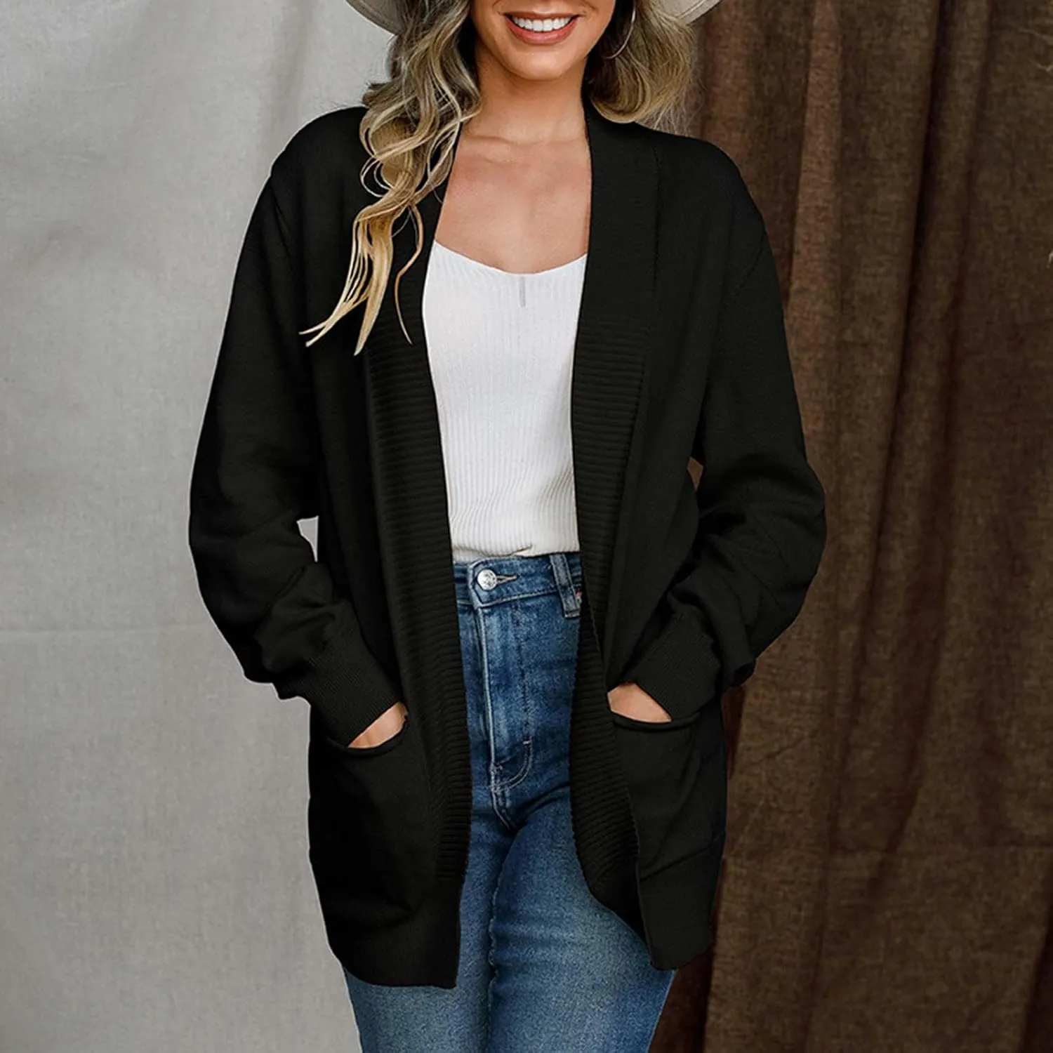 Women's Cardigan 2023 Long Sleeve Open Front Solid Color Outerwear Coats Lightweight Chunky Knit Draped Casual Sweaters