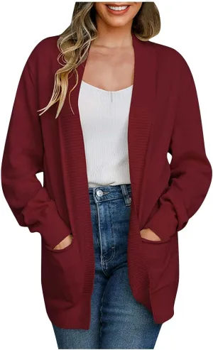 Women's Cardigan 2023 Long Sleeve Open Front Solid Color Outerwear Coats Lightweight Chunky Knit Draped Casual Sweaters