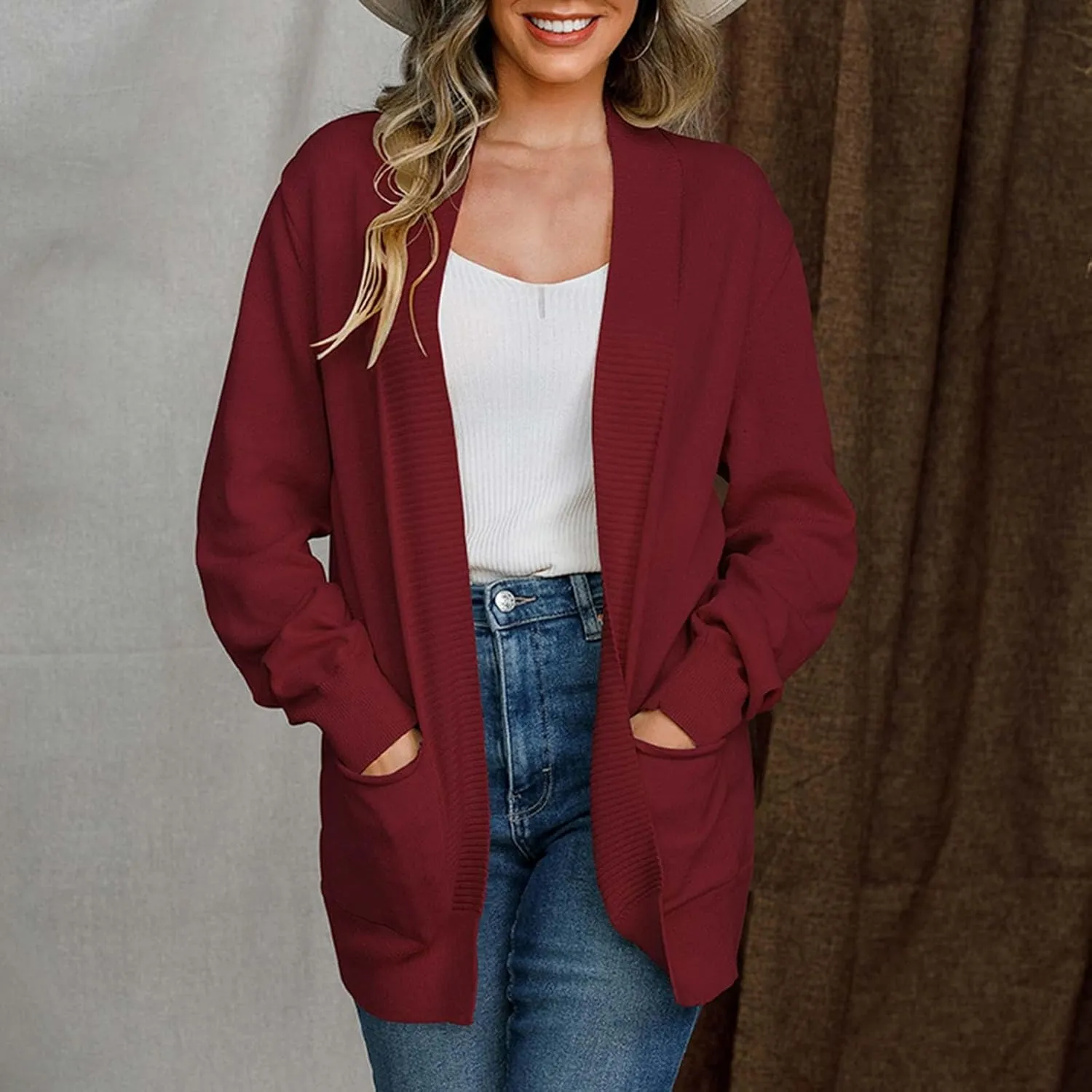 Women's Cardigan 2023 Long Sleeve Open Front Solid Color Outerwear Coats Lightweight Chunky Knit Draped Casual Sweaters