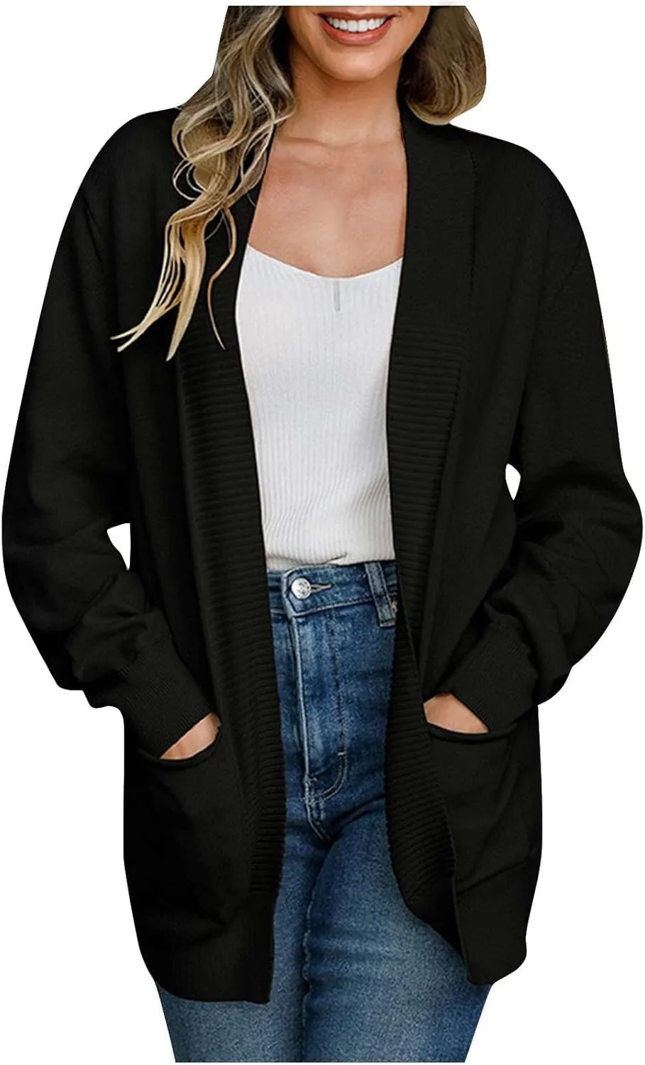 Women's Cardigan 2023 Long Sleeve Open Front Solid Color Outerwear Coats Lightweight Chunky Knit Draped Casual Sweaters