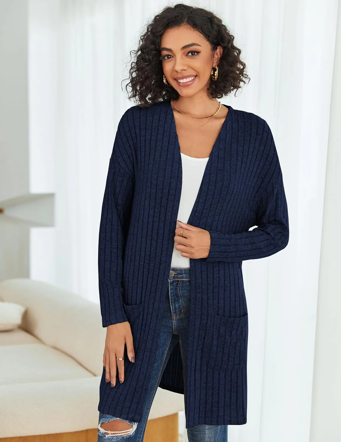 Womens Cardigan Sweater Lightweigh Long Sleeve Open Front Knit Oversized Cardigans with Pockets Trendy Spring Tops