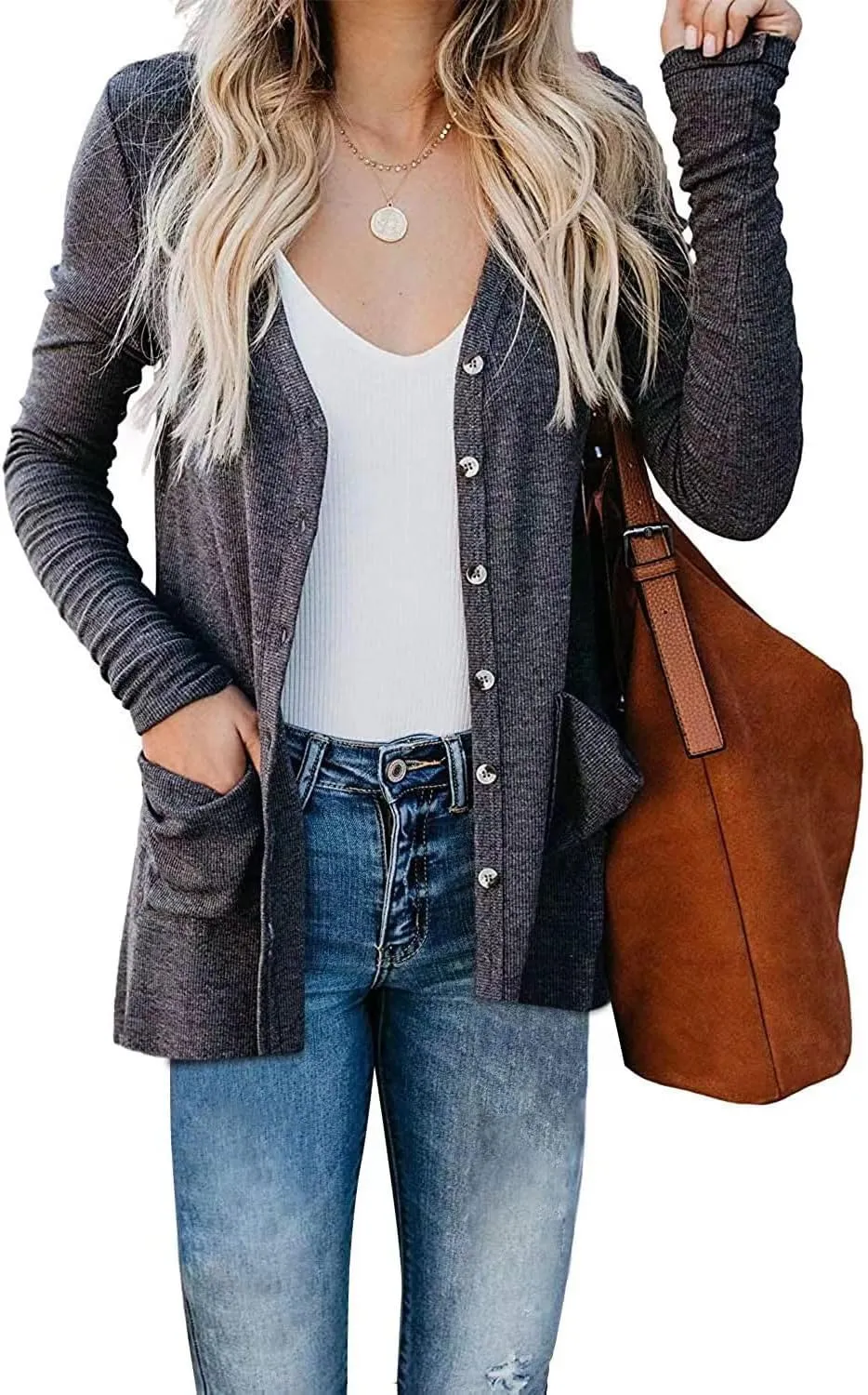Womens Cardigan Sweaters Lightweight Open Front Button Long Sleeve Cardigan Casual Cable Knit Winter Outerwear Coats