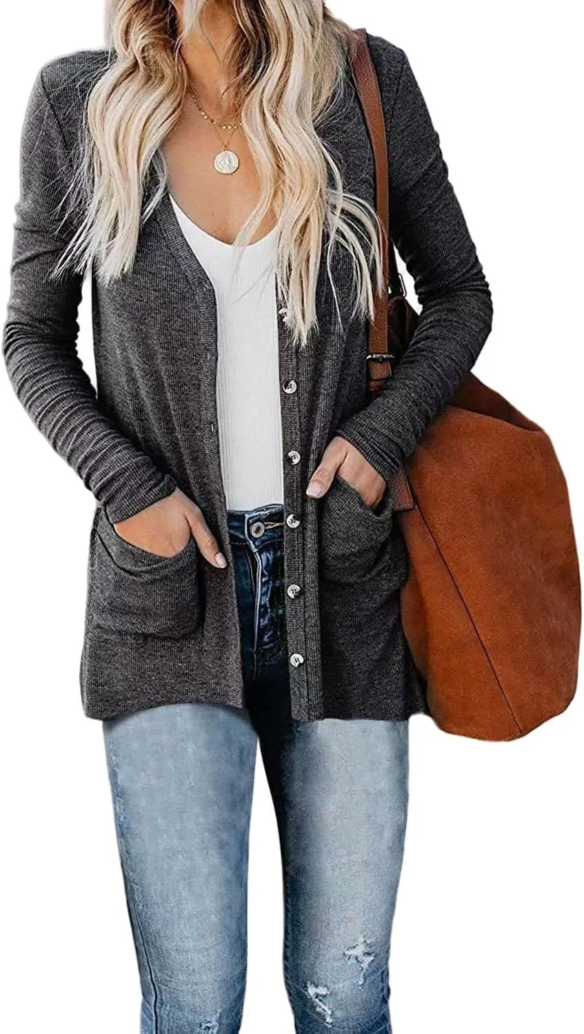 Womens Cardigan Sweaters Lightweight Open Front Button Long Sleeve Cardigan Casual Cable Knit Winter Outerwear Coats