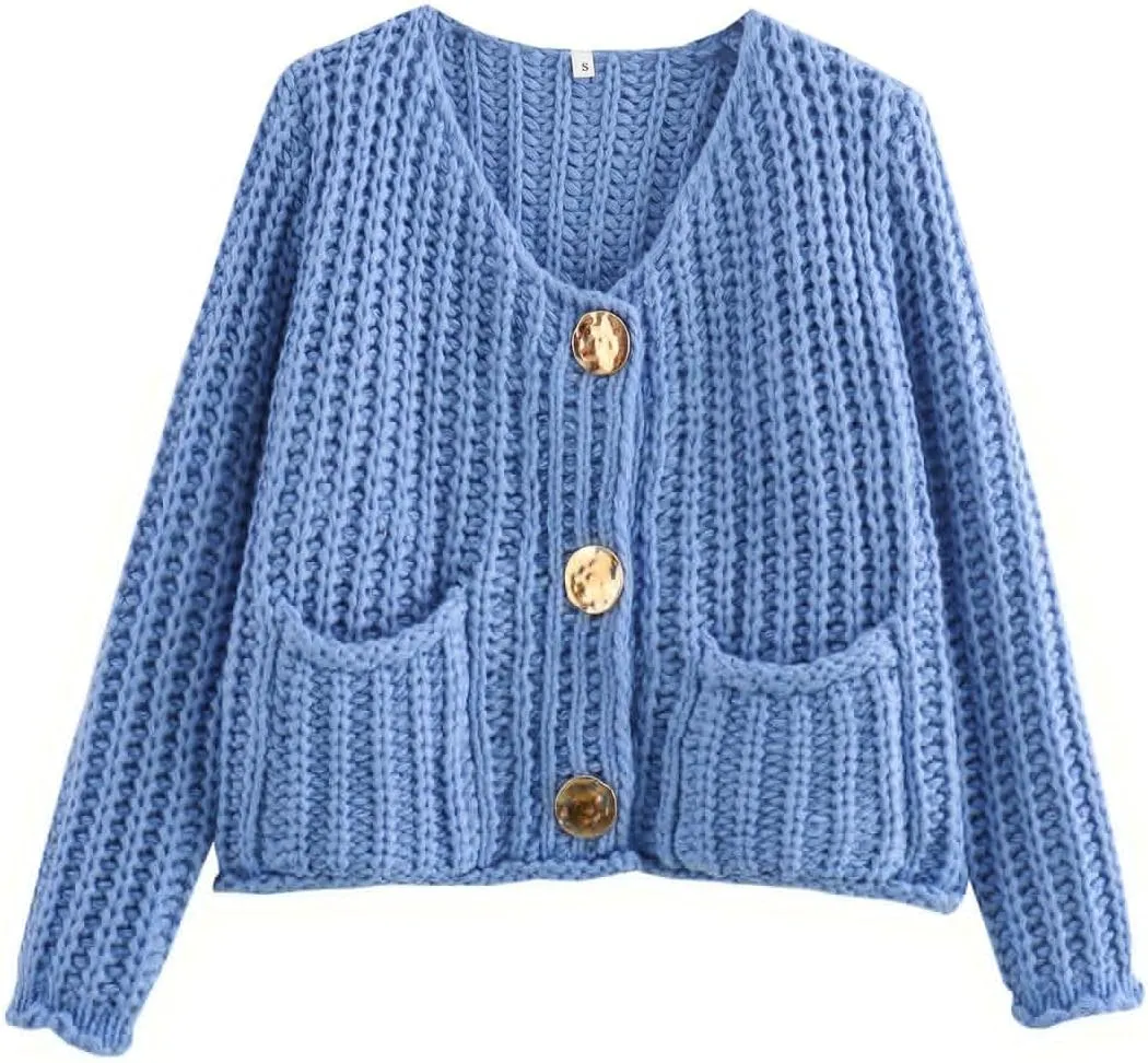 Womens Cardigan Sweaters Long Sleeve Button Down Cropped Jacket Open Front Knit Sweater Outwear