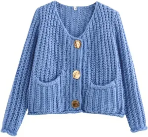 Womens Cardigan Sweaters Long Sleeve Button Down Cropped Jacket Open Front Knit Sweater Outwear