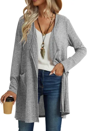 Women's Cardigans Lightweight Long Sleeve Casual Comfy Open Front Knit Long Duster Cardigan Cover Ups with Pockets Trendy Outwear, Light Gray, Large