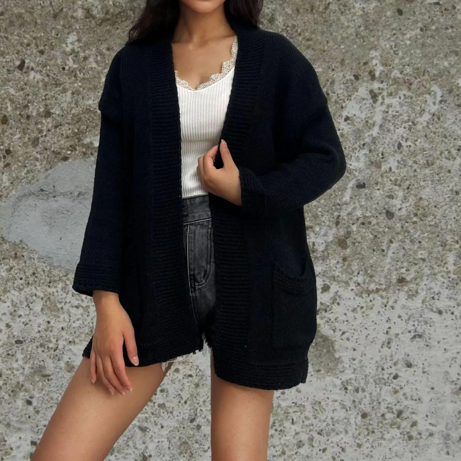 Women's Cardigans with Pockets Casual Knitted Solid Color Lightweight Open Front Cardigan Sweaters for Women