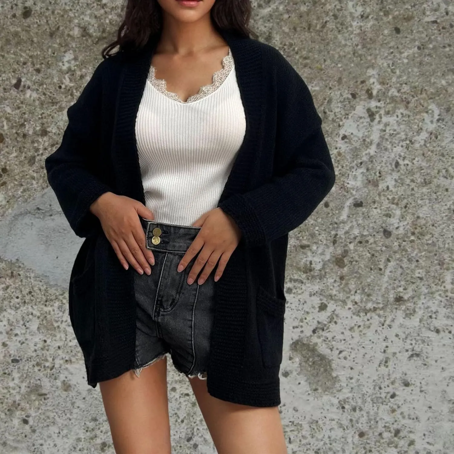Women's Cardigans with Pockets Casual Knitted Solid Color Lightweight Open Front Cardigan Sweaters for Women