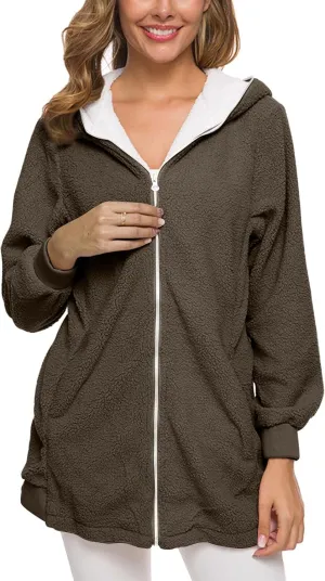 Women's Casual Cardigan Winter Coat Hooded Fleece Jacket Fuzzy Fleece Open Front Hooded Sweater with Pockets