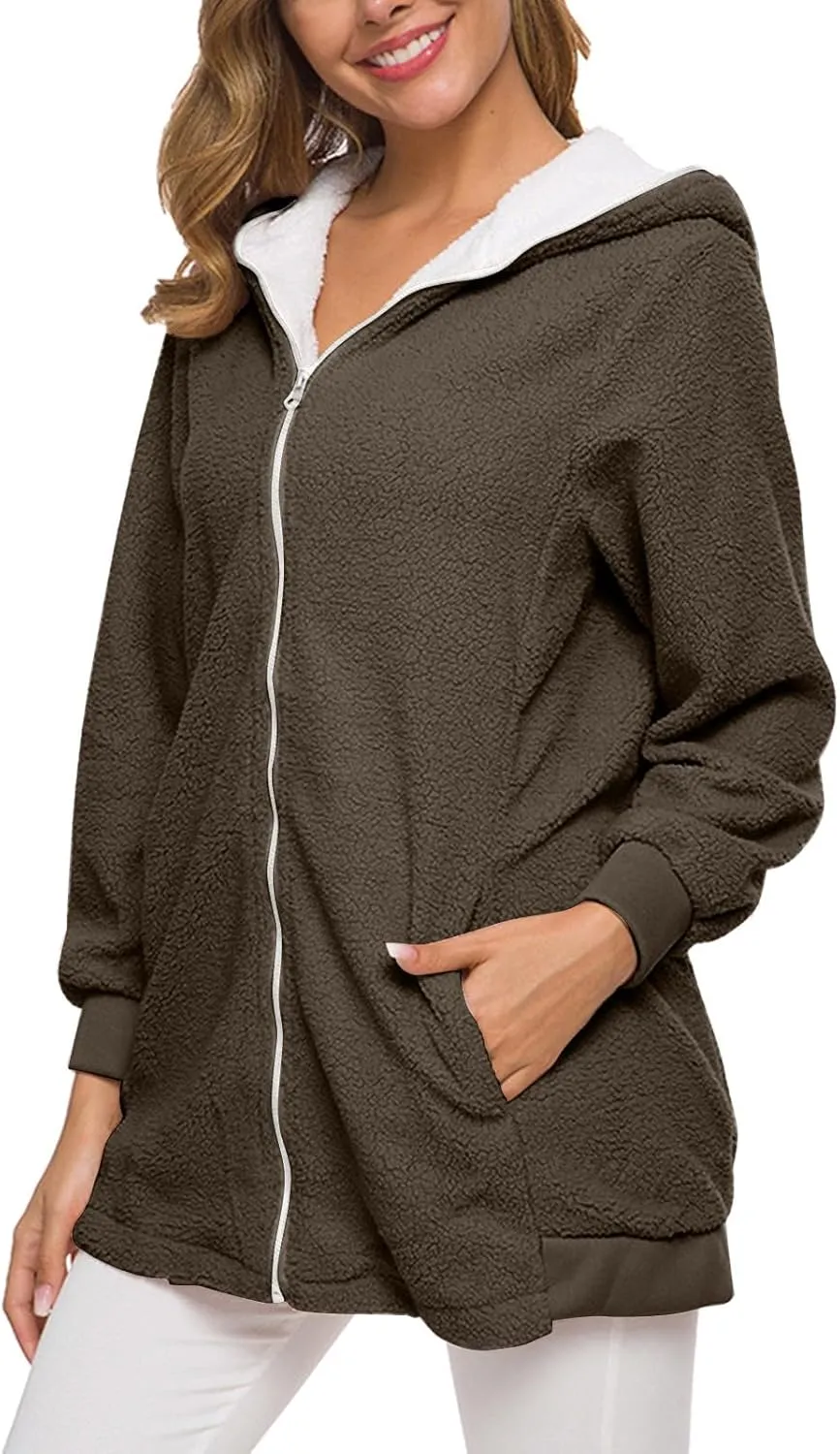 Women's Casual Cardigan Winter Coat Hooded Fleece Jacket Fuzzy Fleece Open Front Hooded Sweater with Pockets
