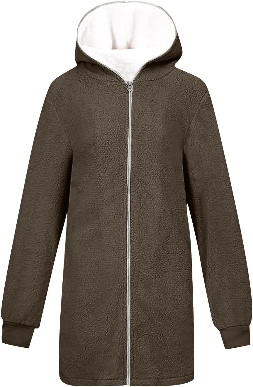 Women's Casual Cardigan Winter Coat Hooded Fleece Jacket Fuzzy Fleece Open Front Hooded Sweater with Pockets
