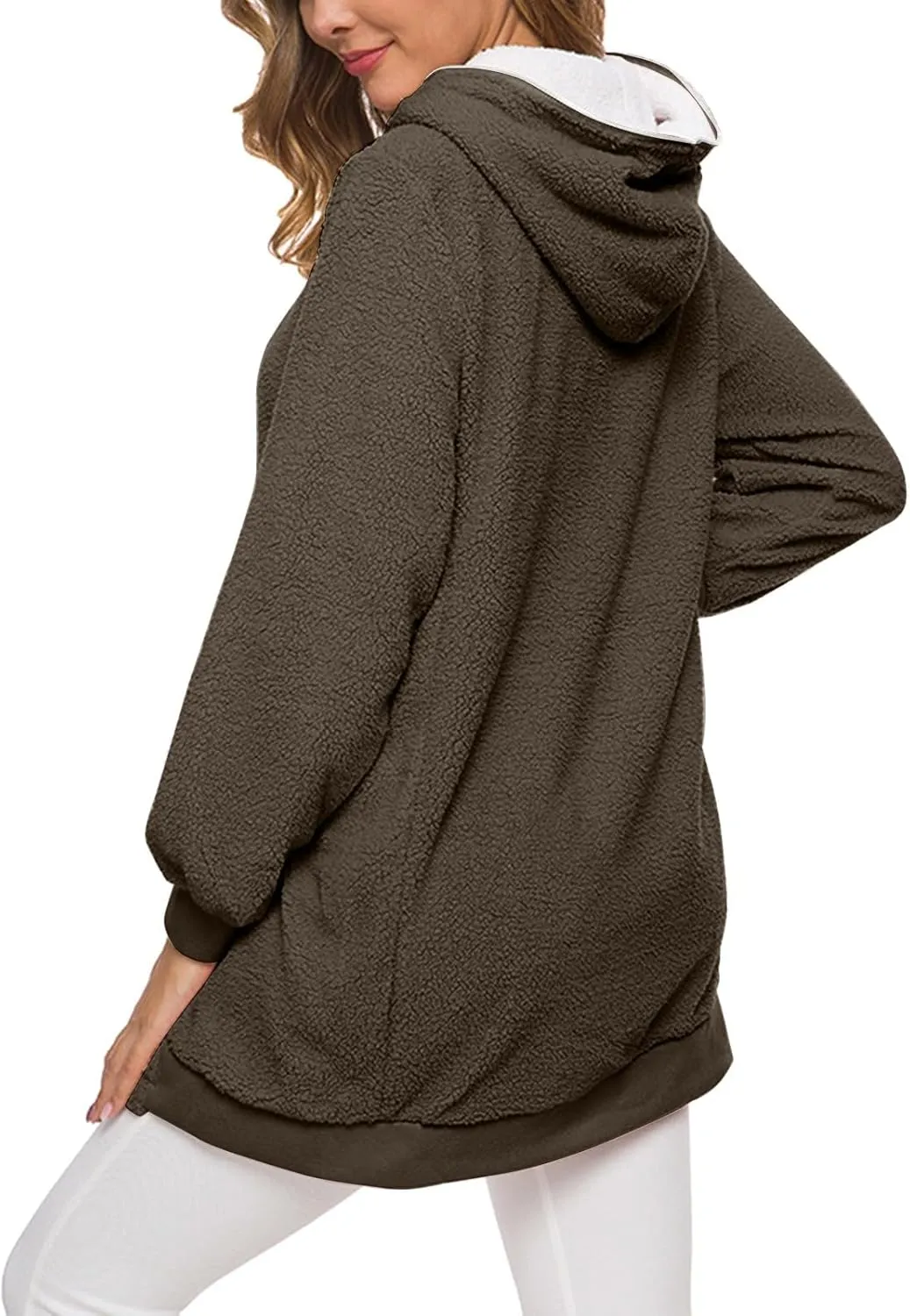 Women's Casual Cardigan Winter Coat Hooded Fleece Jacket Fuzzy Fleece Open Front Hooded Sweater with Pockets