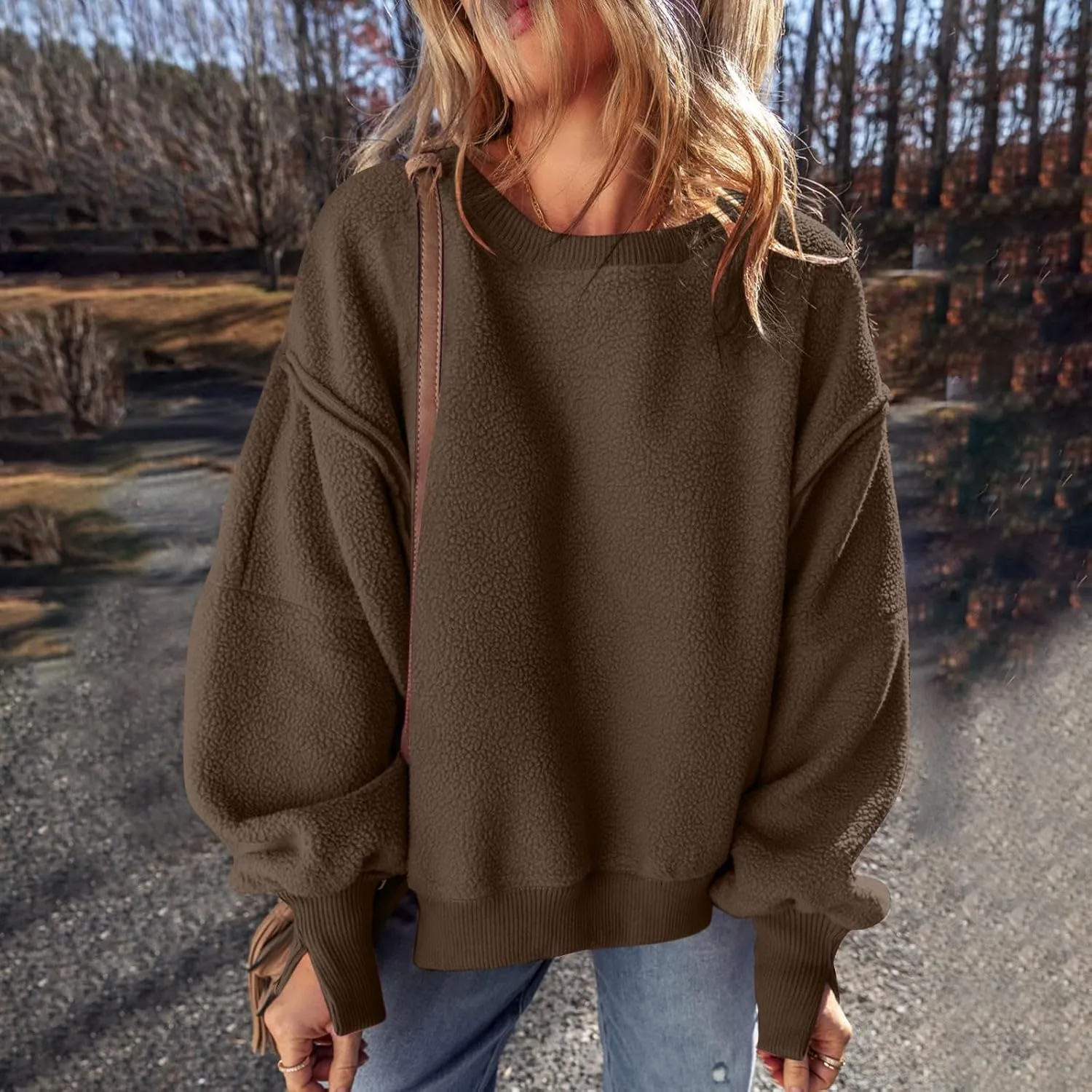 Womens Casual Crewneck Sweatshirt Fleece Long Sleeve Tops Oversized Pullover Winter Fashion Outfits Clothes 2024