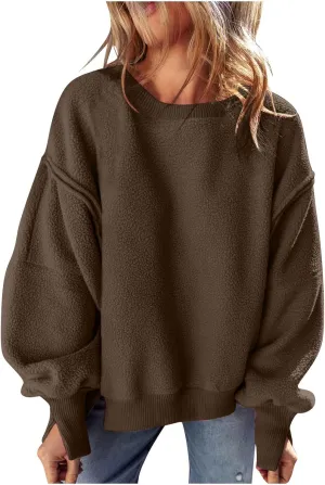 Womens Casual Crewneck Sweatshirt Fleece Long Sleeve Tops Oversized Pullover Winter Fashion Outfits Clothes 2024
