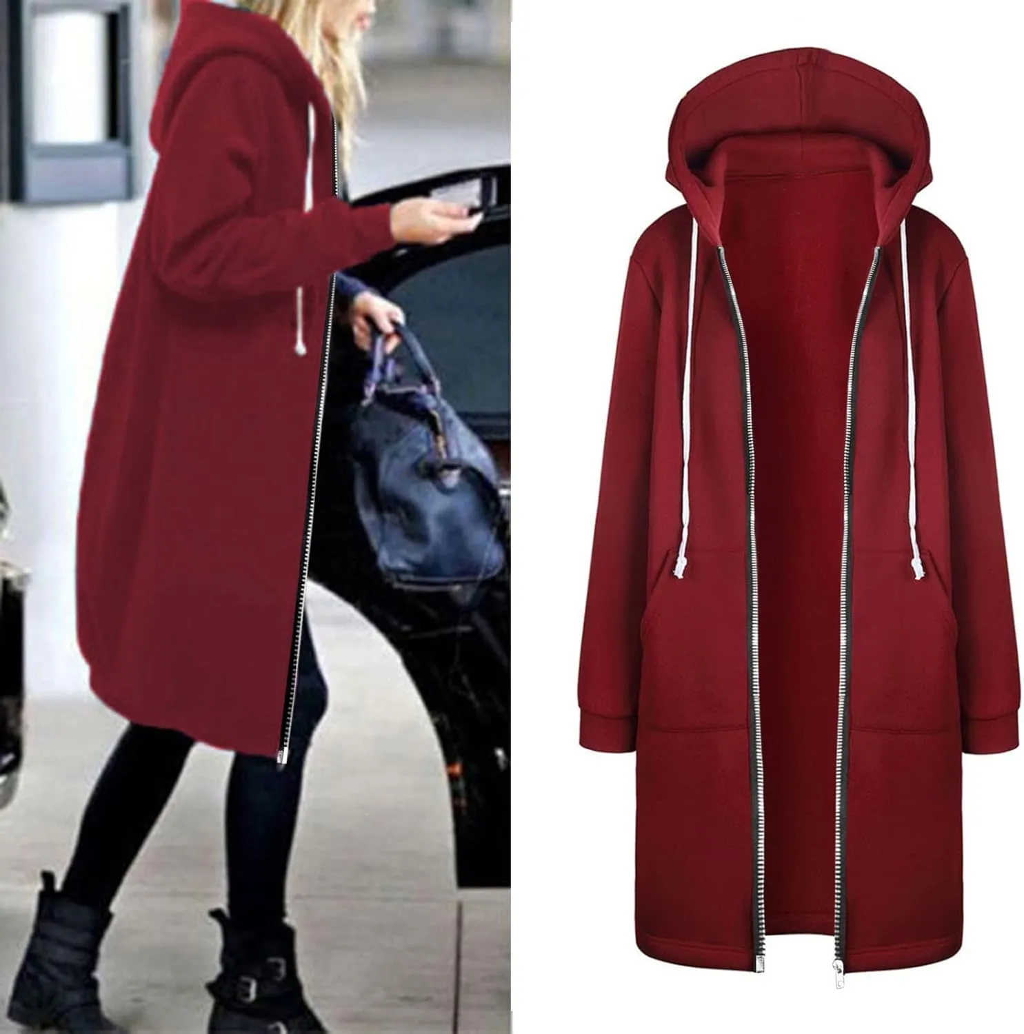 Womens Casual Hoodies Zip-Up Long Sleeve Knee Length Tops Dressy Sweatshirts Cozy Fall Hooded Jackets With Pocket