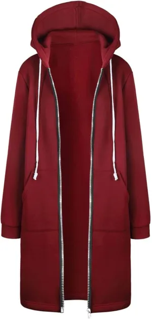 Womens Casual Hoodies Zip-Up Long Sleeve Knee Length Tops Dressy Sweatshirts Cozy Fall Hooded Jackets With Pocket