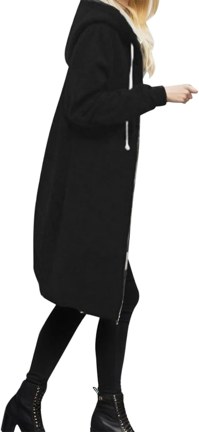 Womens Casual Hoodies Zip-Up Long Sleeve Knee Length Tops Dressy Sweatshirts Cozy Fall Hooded Jackets With Pocket
