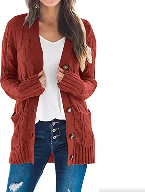 Womens Casual Long Sleeve Button Cardigan Open Front Cable Knit Sweater Outwear Loose Cardigans with Pockets