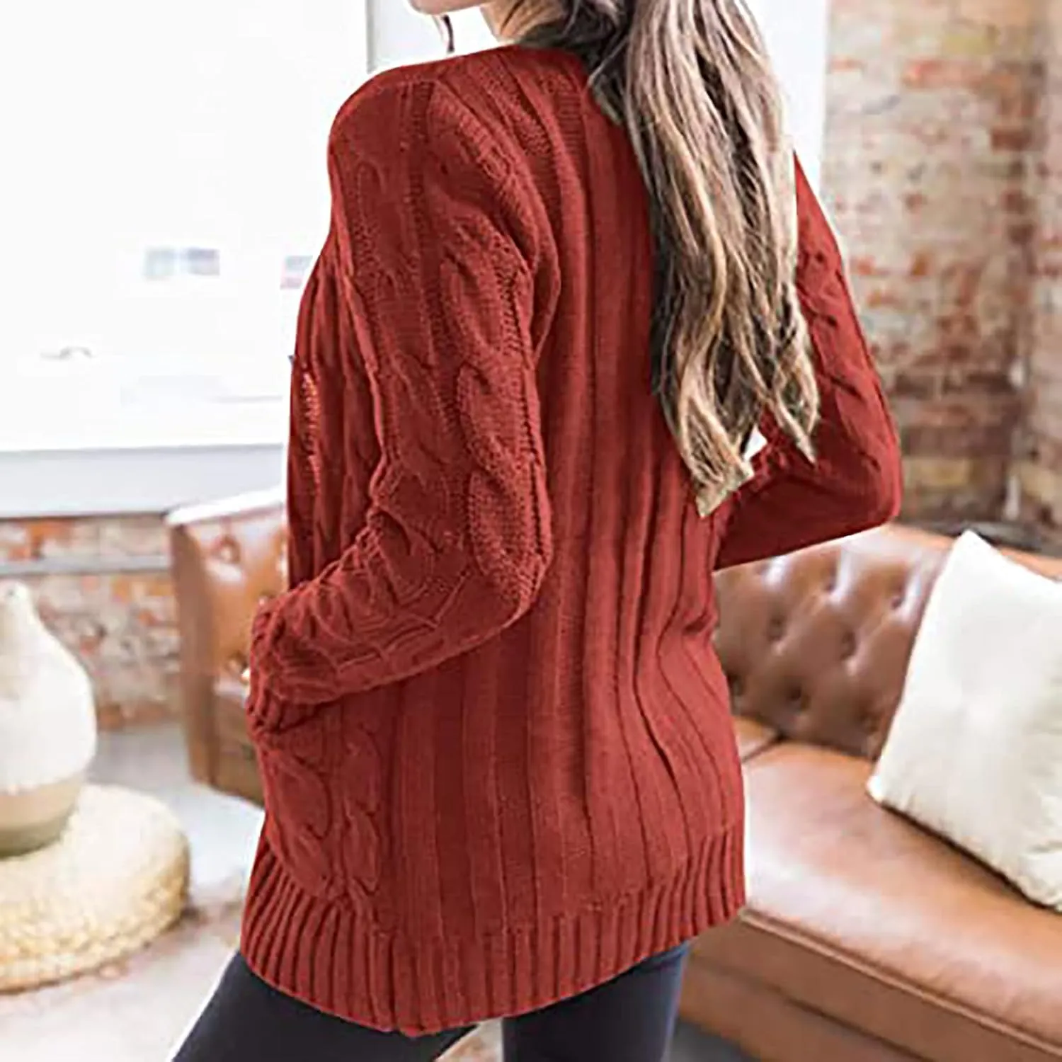 Womens Casual Long Sleeve Button Cardigan Open Front Cable Knit Sweater Outwear Loose Cardigans with Pockets