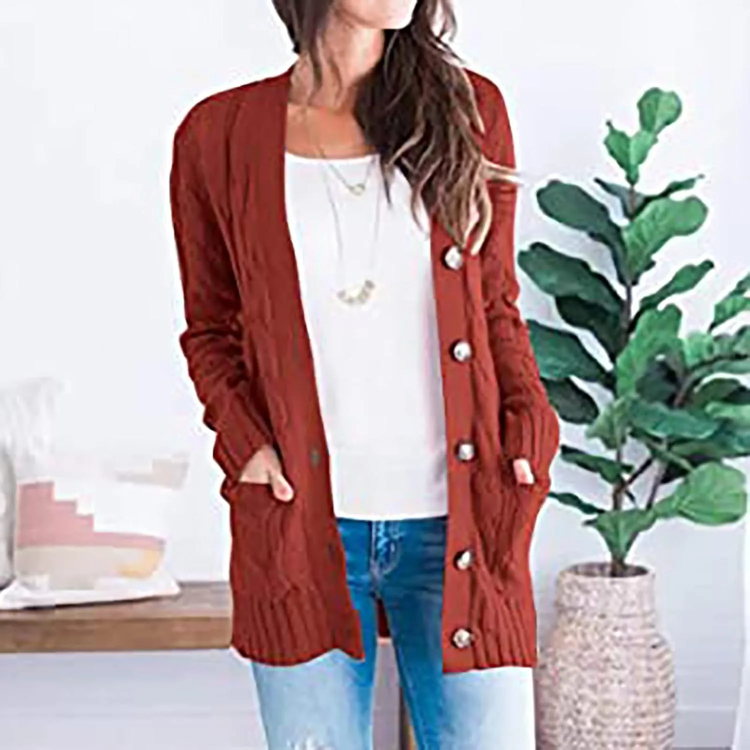 Womens Casual Long Sleeve Button Cardigan Open Front Cable Knit Sweater Outwear Loose Cardigans with Pockets